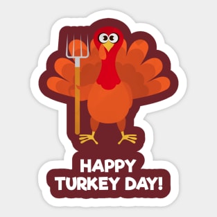 Cute Turkey With Garden Fork Happy Turkey Day Sticker